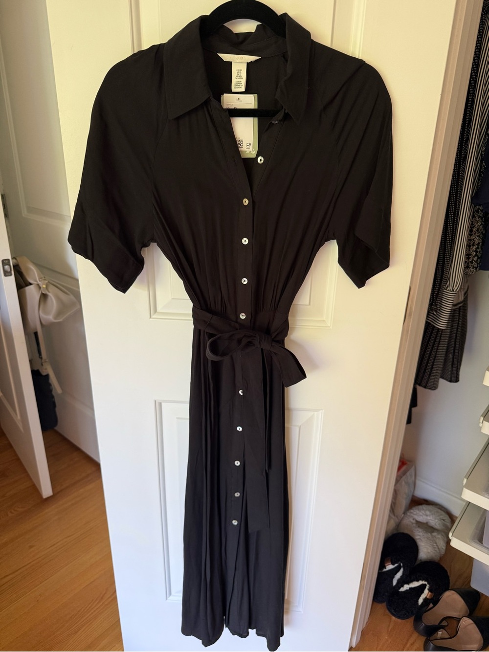 Classic Black Button-Front Shirt Dress with Waist Tie - New with Tags!